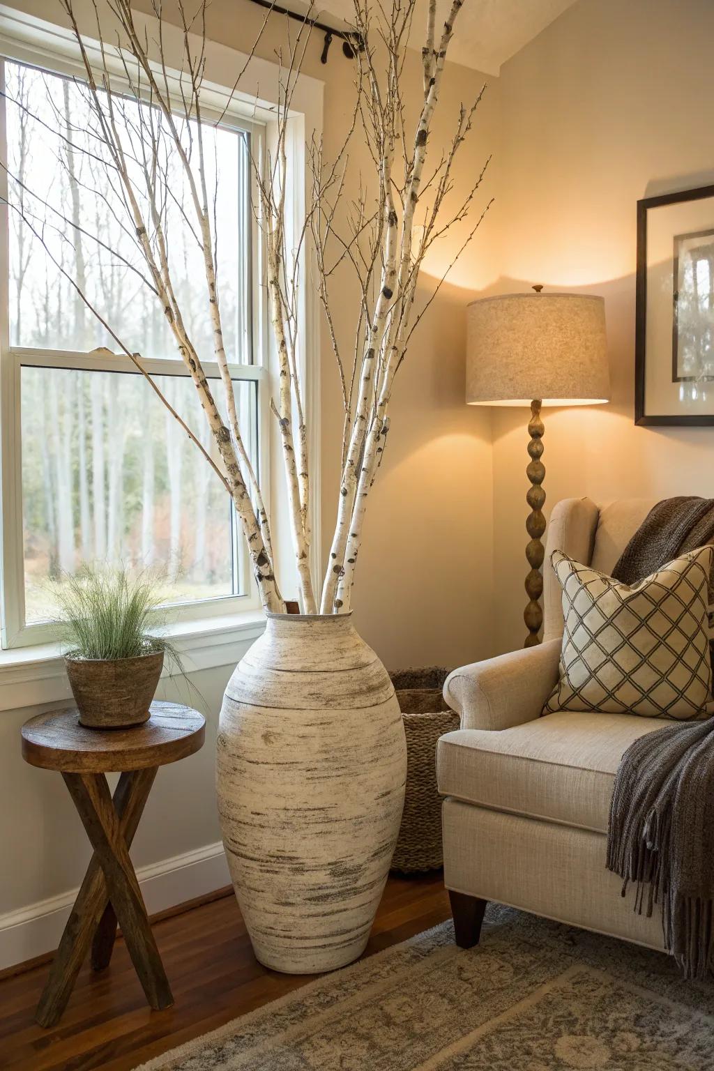 Tall ash boughs in a floor vessel offer a natural texture to a welcoming living room corner.