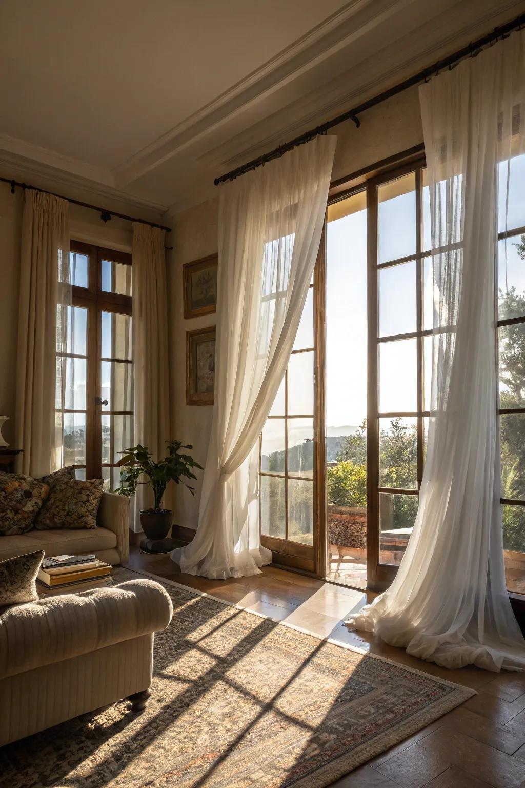 Airy, bright, sheer panels create a beautiful living room.