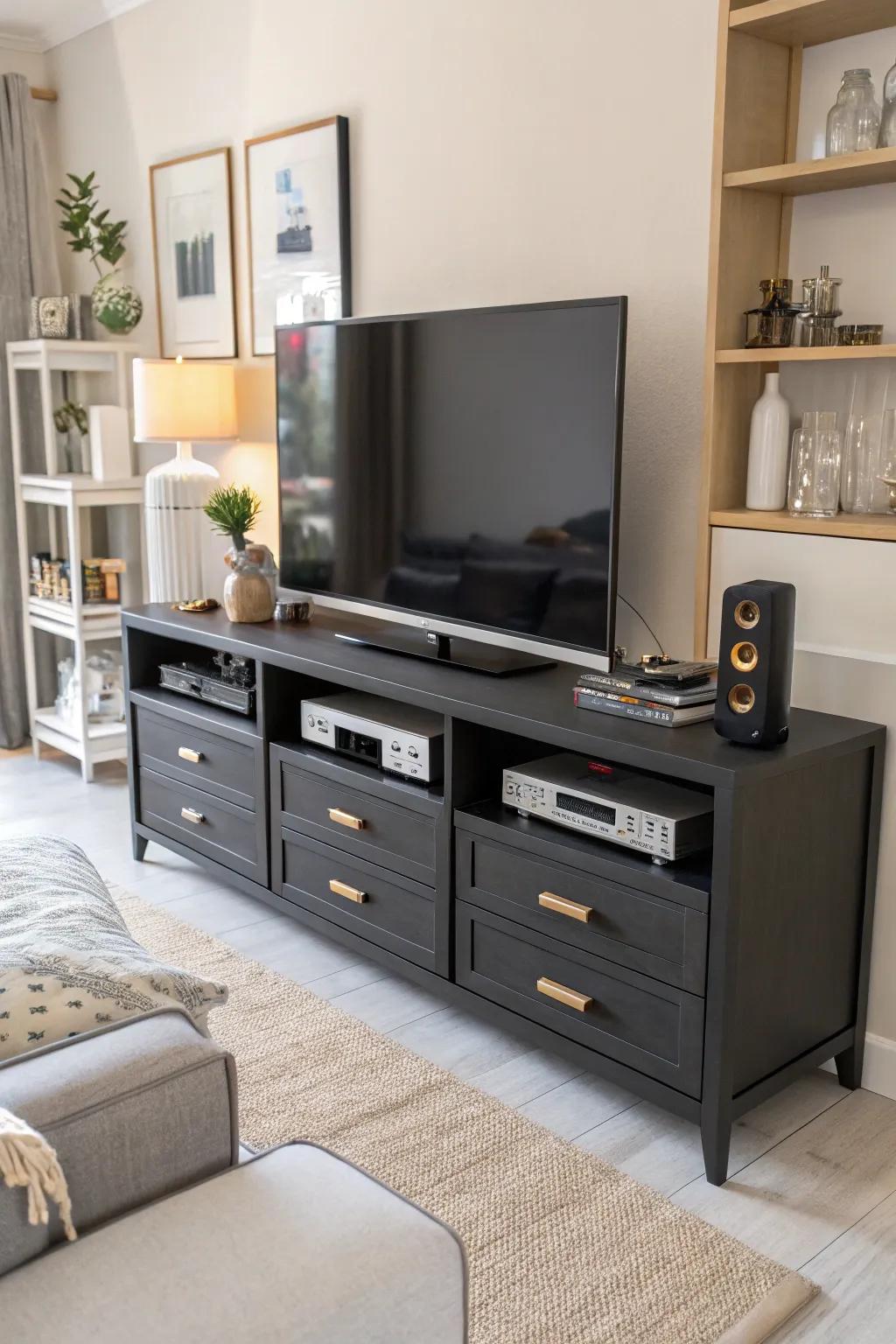 A modern TV stand with storage to keep the living room organized.