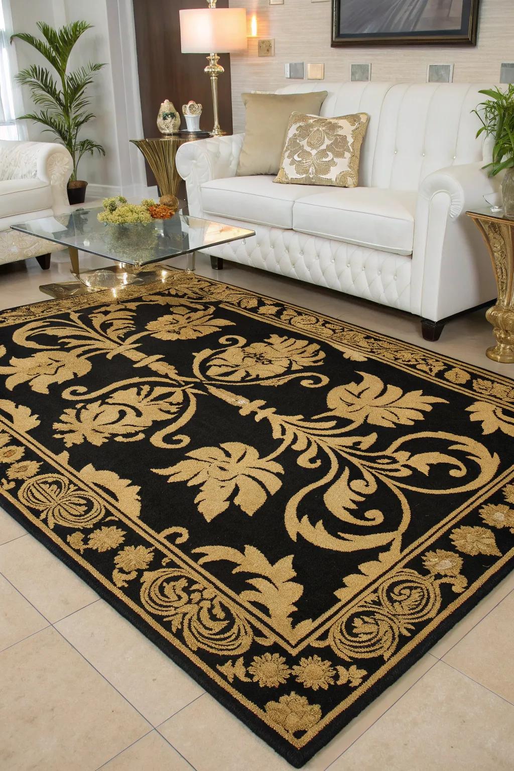 A luxurious rug that ties together the black and gold theme.