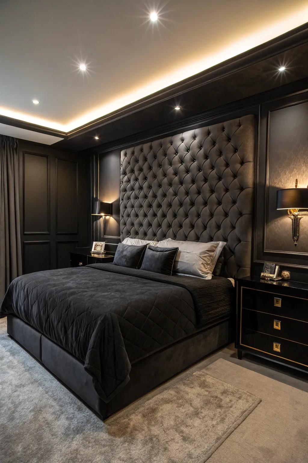 A luxurious, plush headboard takes center stage in this elegant black bedroom.