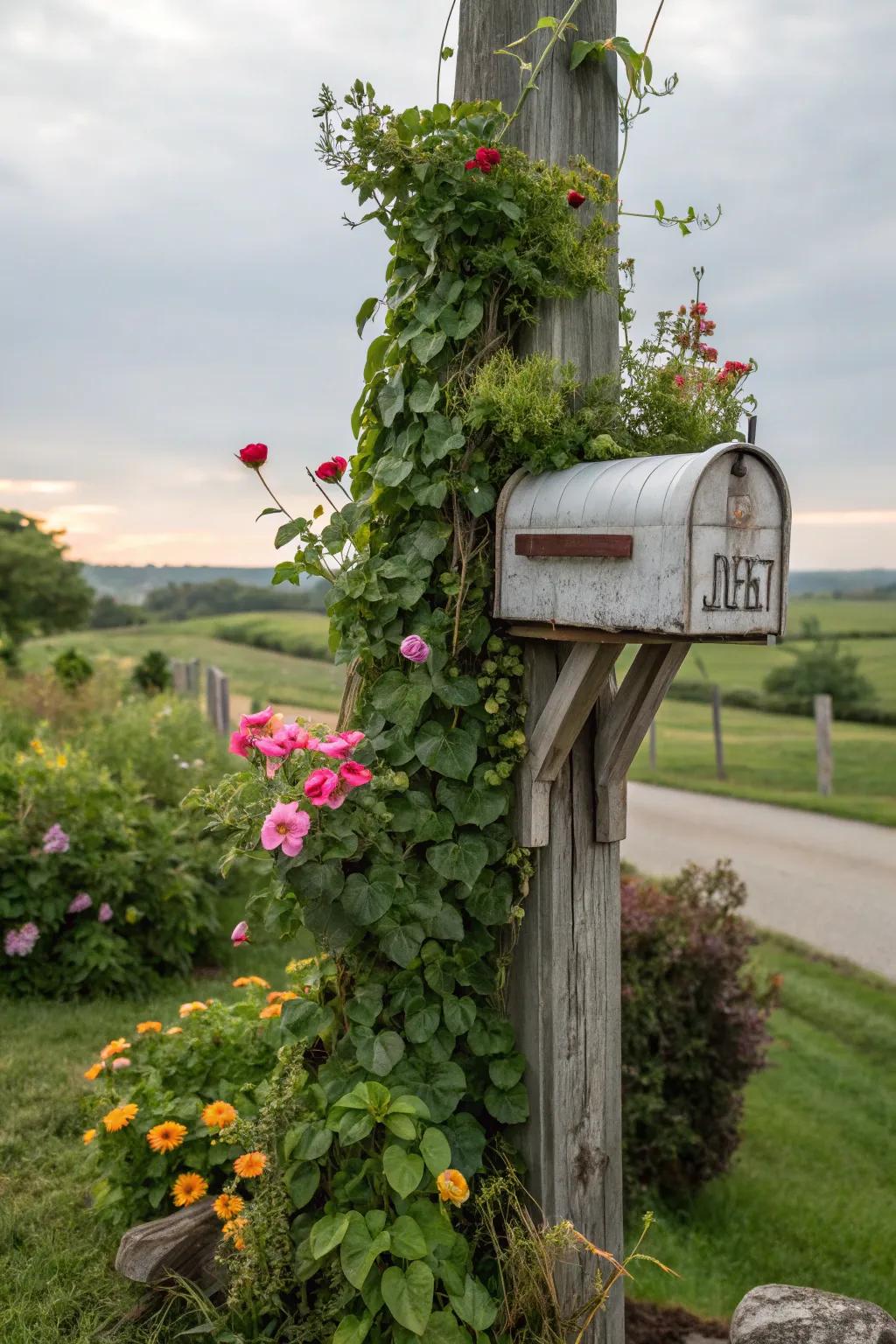 Climbing flora adds an imaginative accent to your mailbox setting.