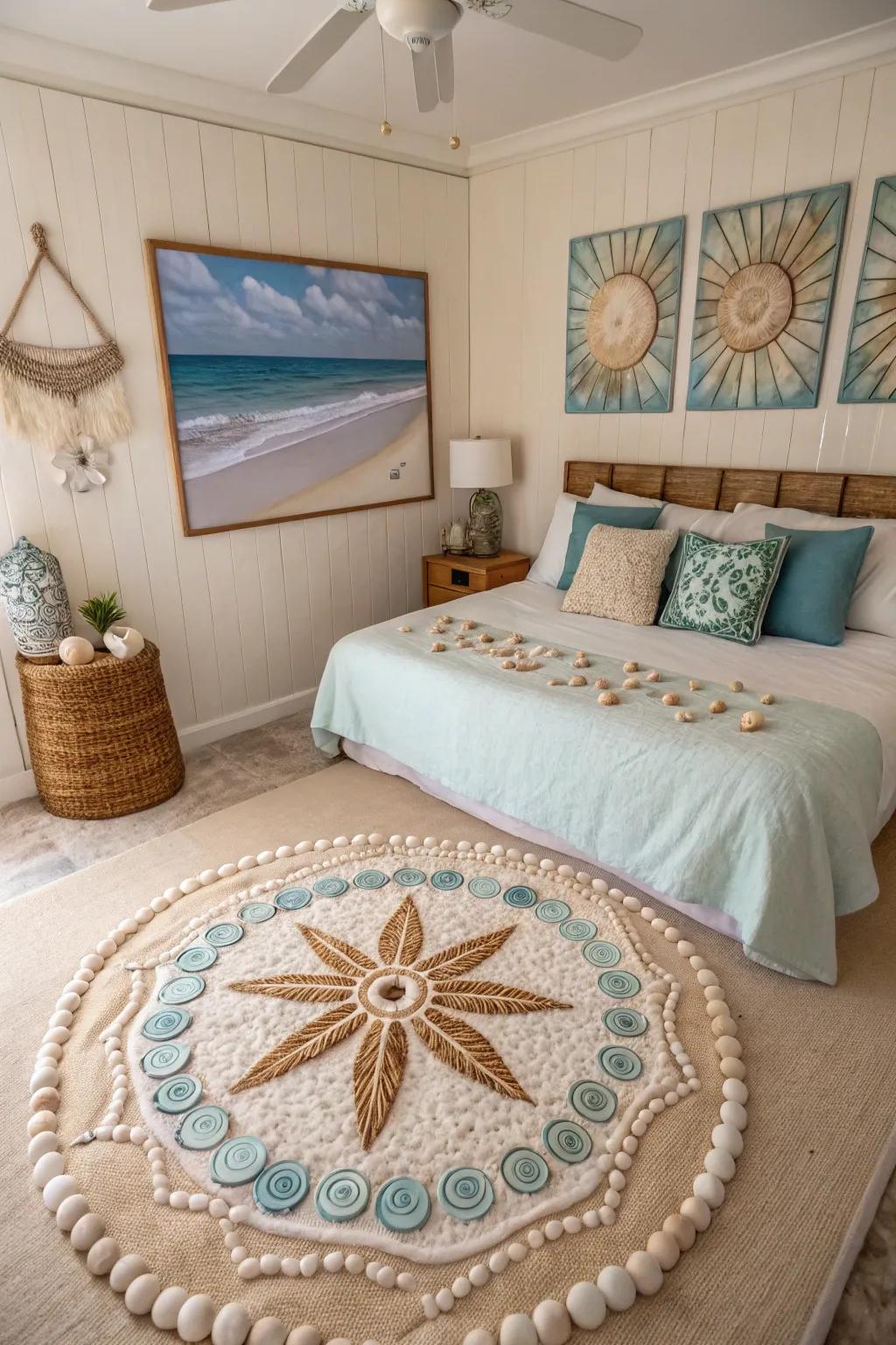 A seashell circular motif design enhancing a coastal-themed guest room.