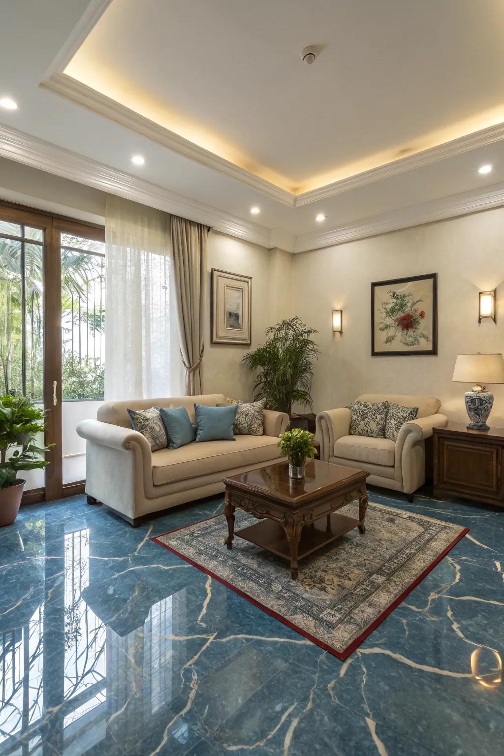 Soothing blue marble flooring for a tranquil living space.