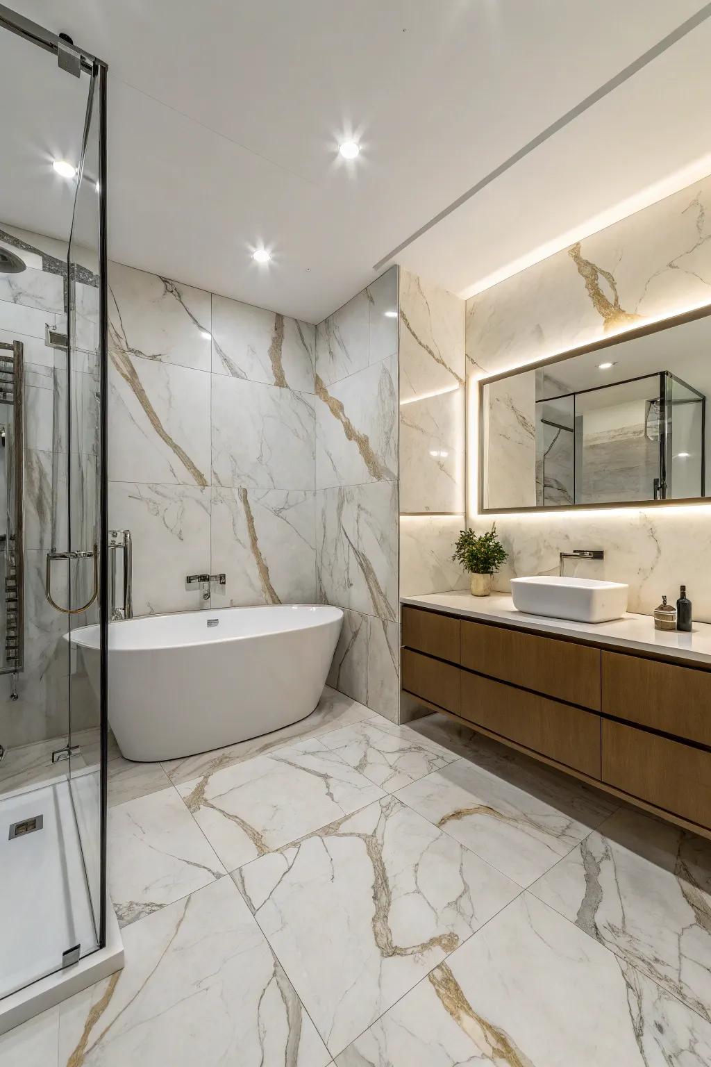 Large format marble porcelain tiles create a seamless and expansive bathroom space.