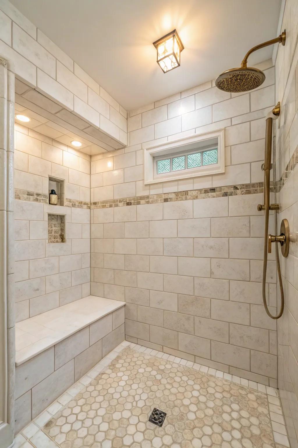 A shower with soft neutral hue tiles that creates a calming and spacious atmosphere.