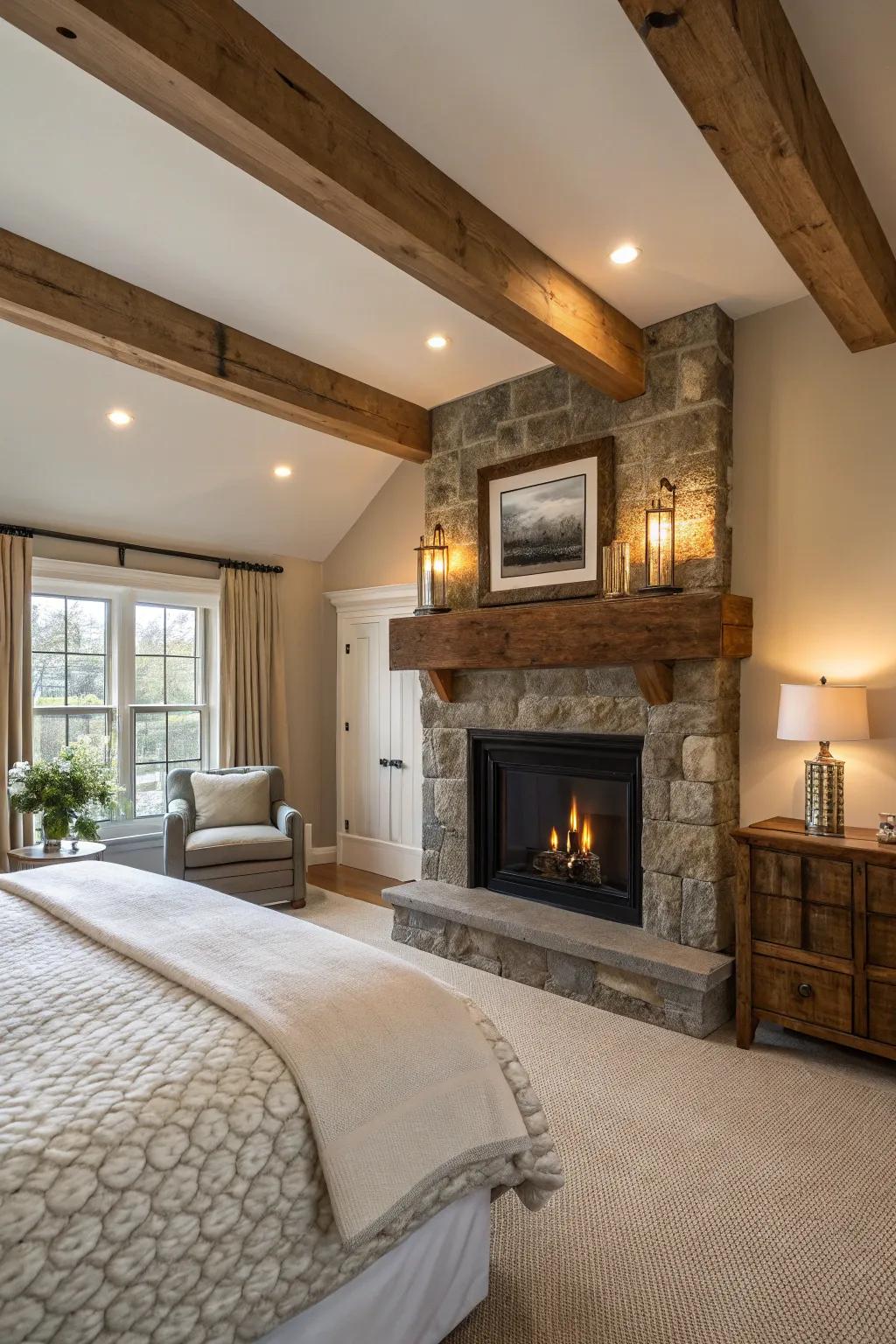 Rustic charm is highlighted with a reclaimed timber beam above the fireplace.