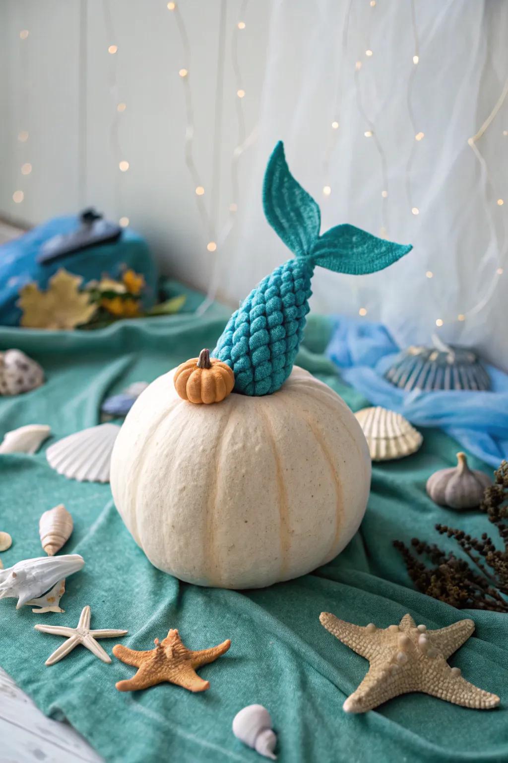 A mermaid tail topper brings a whimsical touch to your pumpkin.