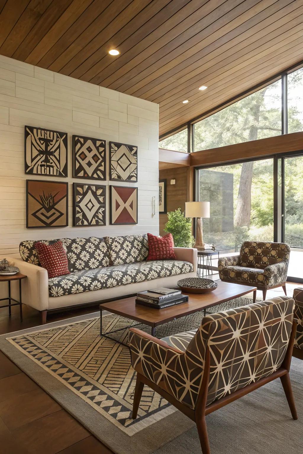 Geometric patterns add a sophisticated touch to this mid-century modern living room.