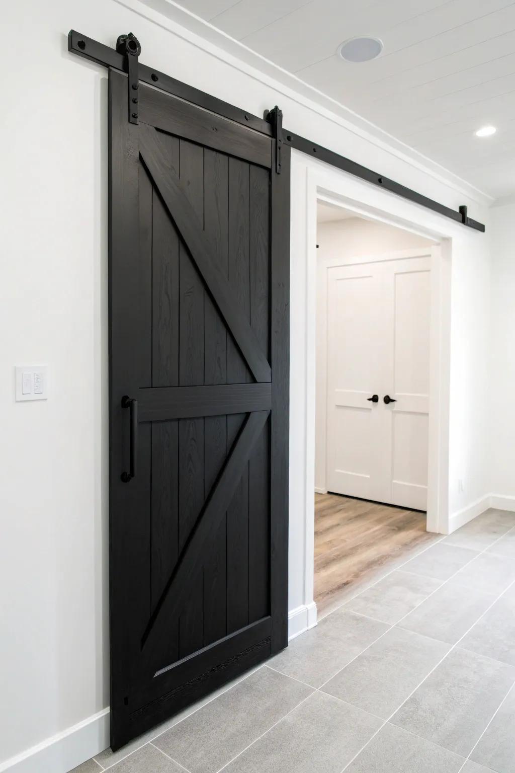 Monochrome barn doors enhance minimalist decor with their sleek design.