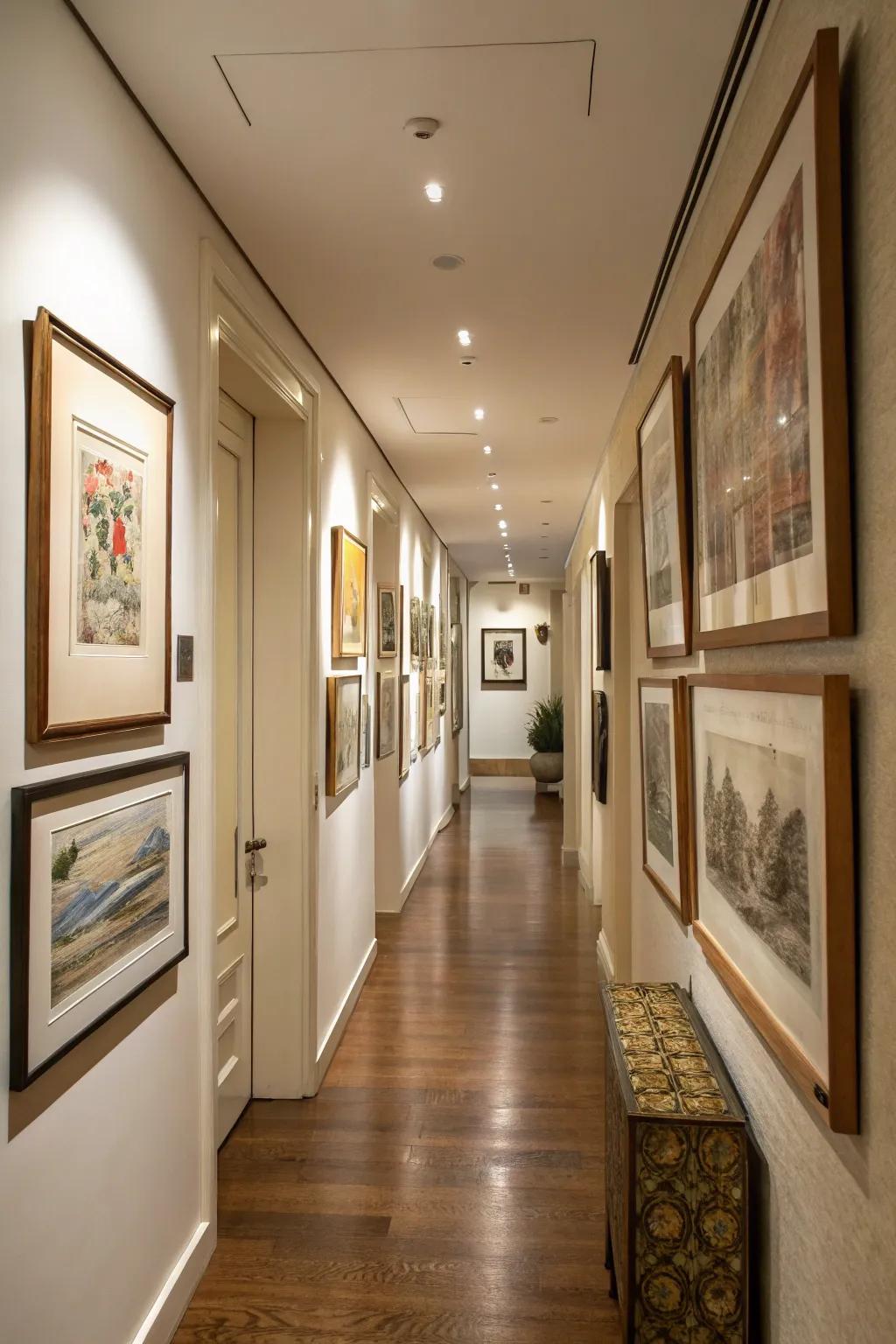 Art pieces inject personality and character into the hallway.