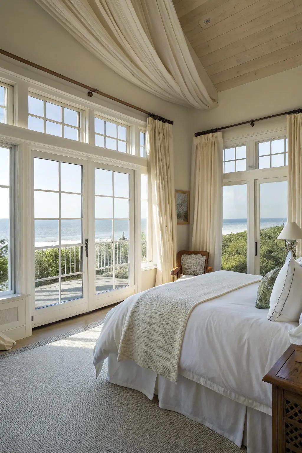 A bright primary bedroom is filled with natural light.