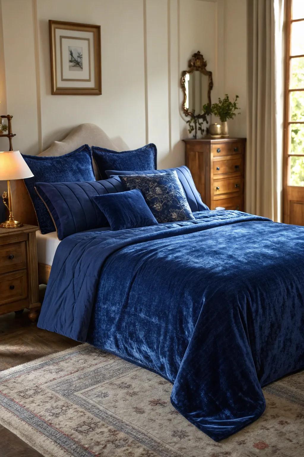 Bedding in royal blue velvet lends an element of luxury and comfort.