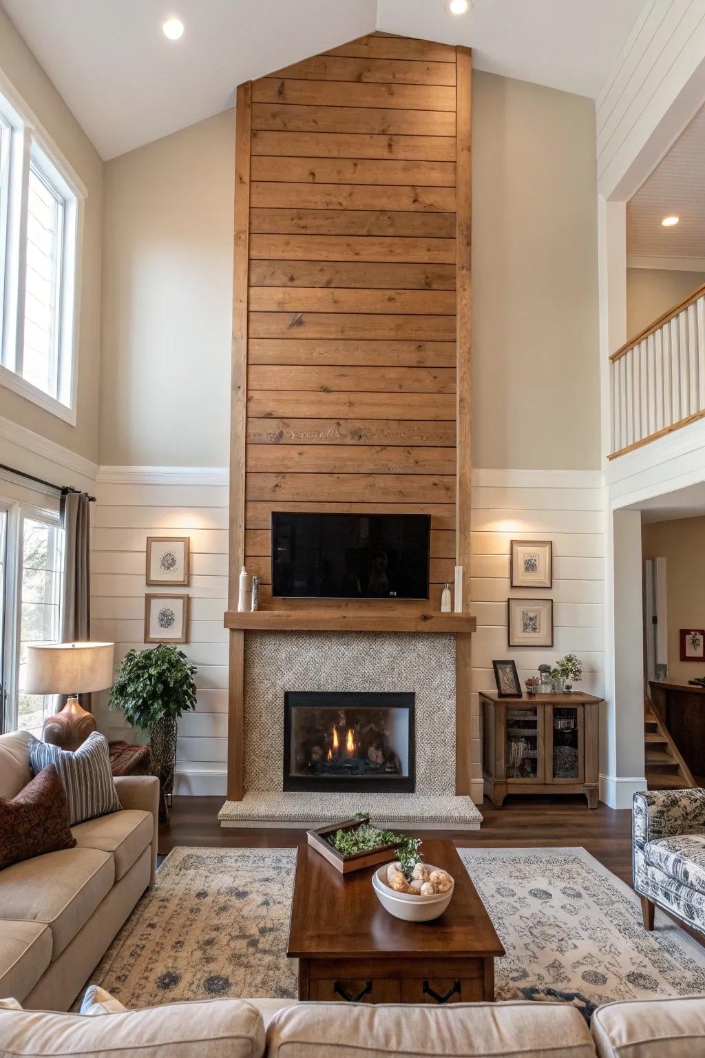 A vertical shiplap fireplace that enhances the room's height.