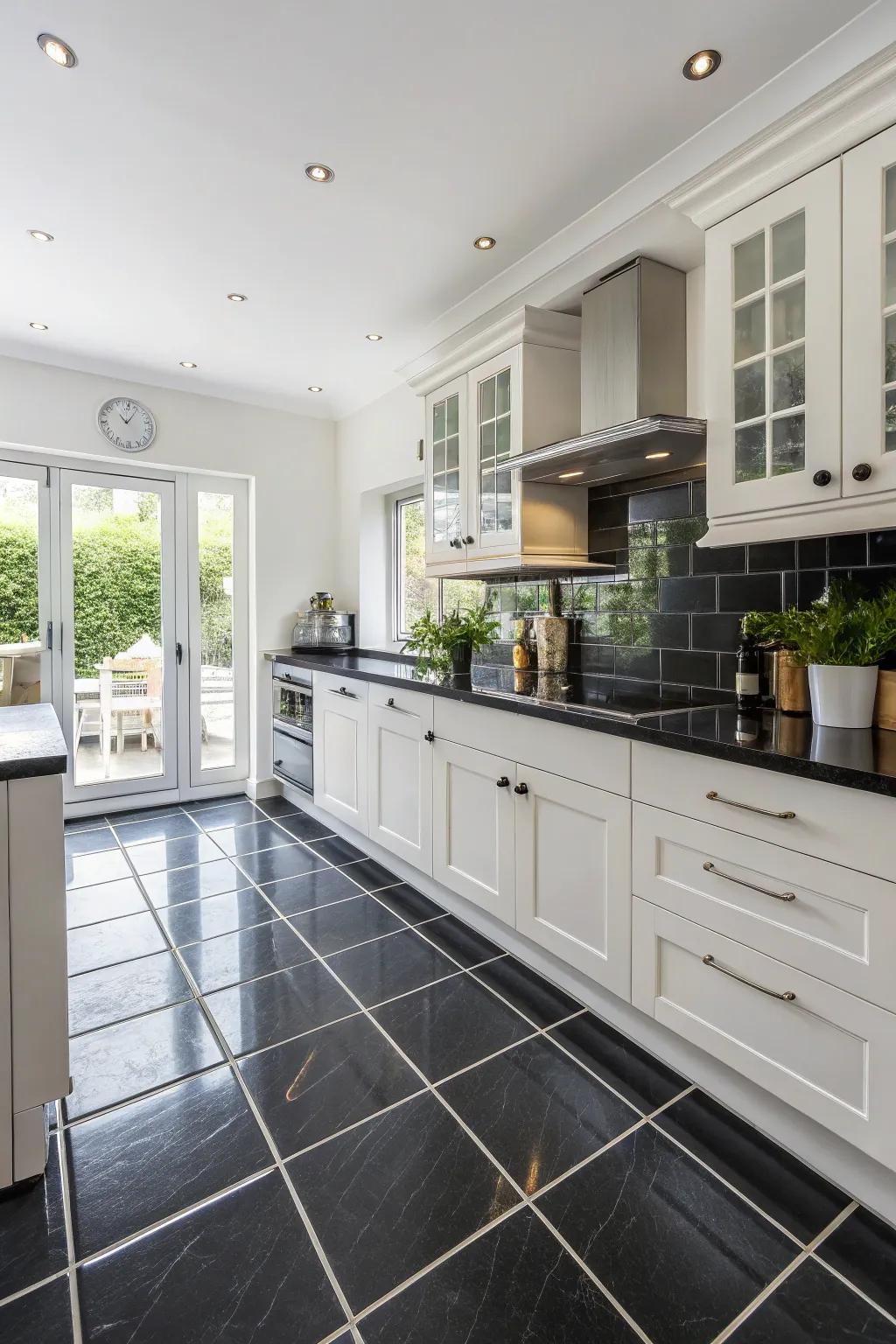 Bold black tiles create a striking contrast in this modern kitchen.