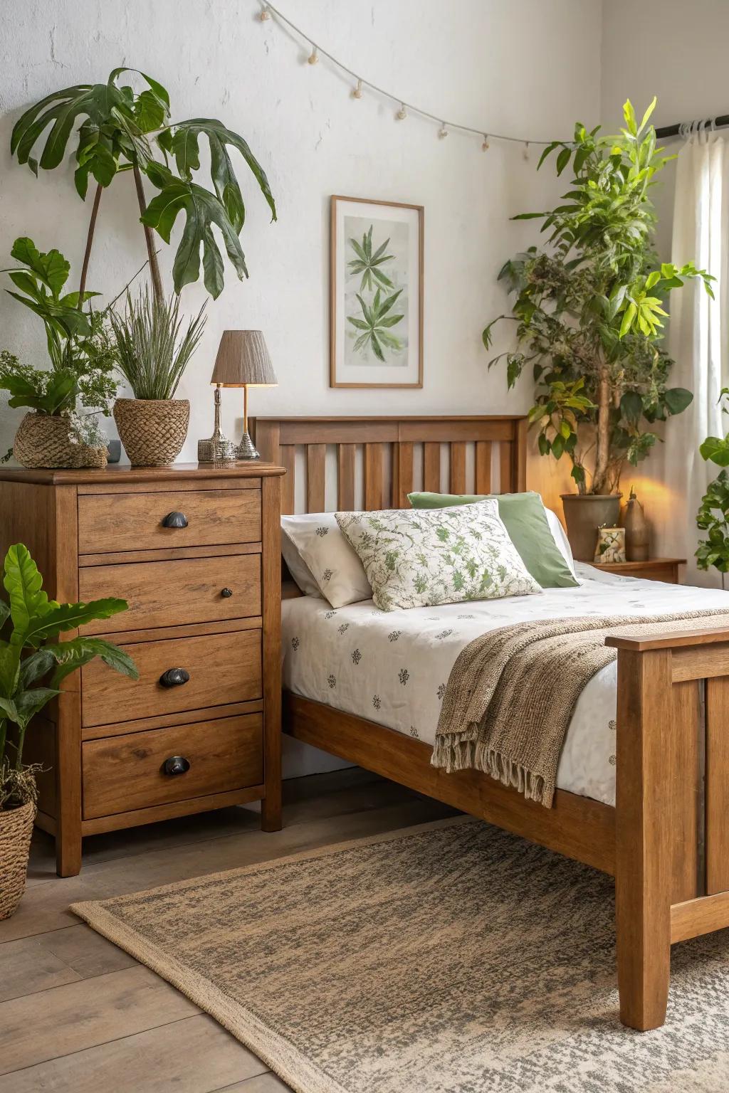 A bedroom featuring timber furniture and potted greenery.