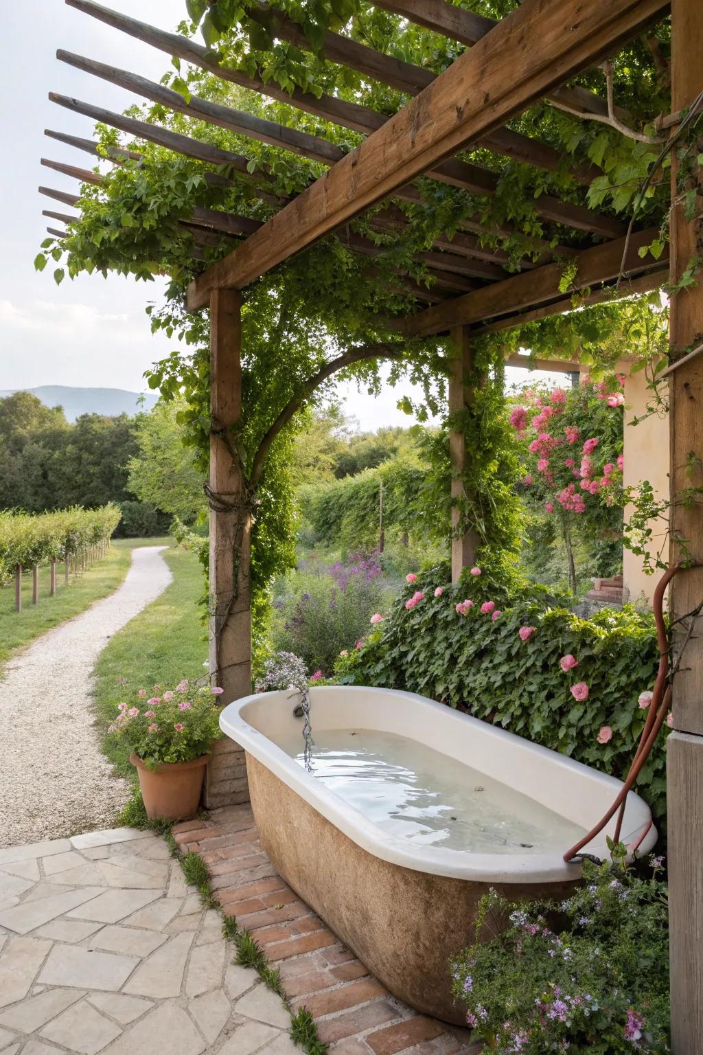 Blend shade and sunlight with a pergola above your bathtub.