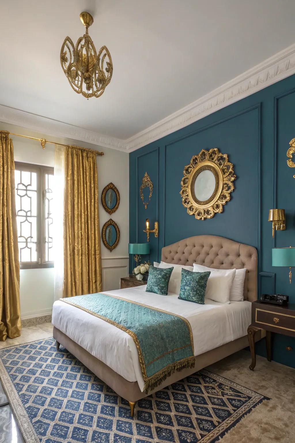 Gold touches give navy and teal décor a luxurious feel.