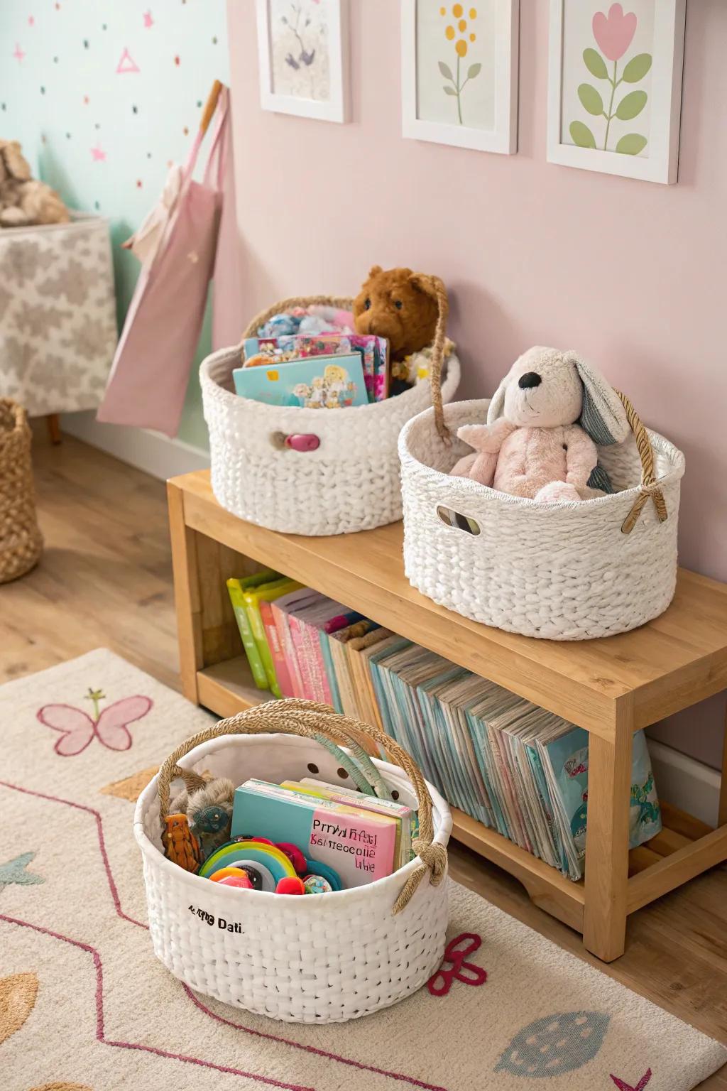 Elegant and useful decorative baskets for organizing nursery necessities.