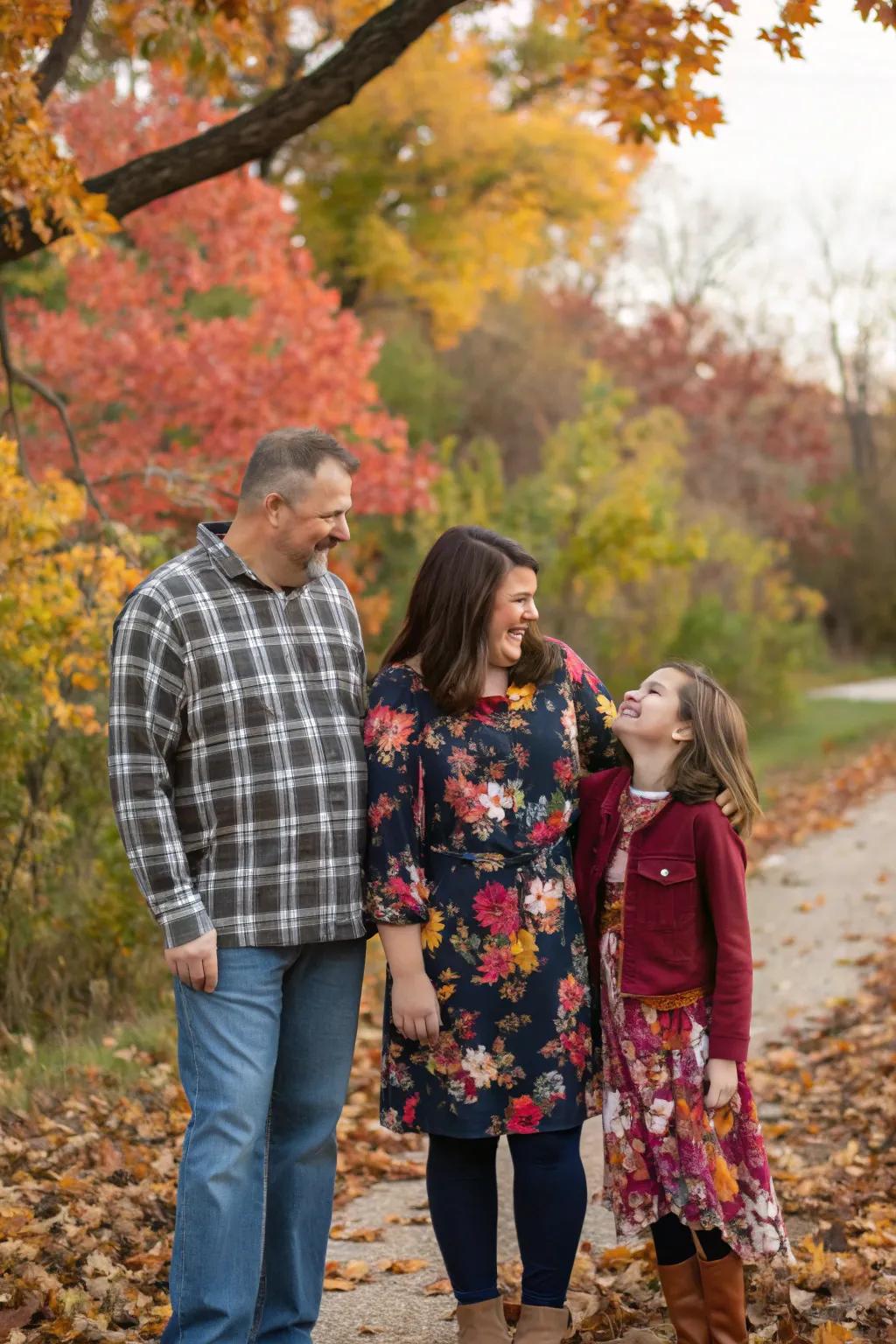 Floral patterns add a touch of romance to fall family photos.