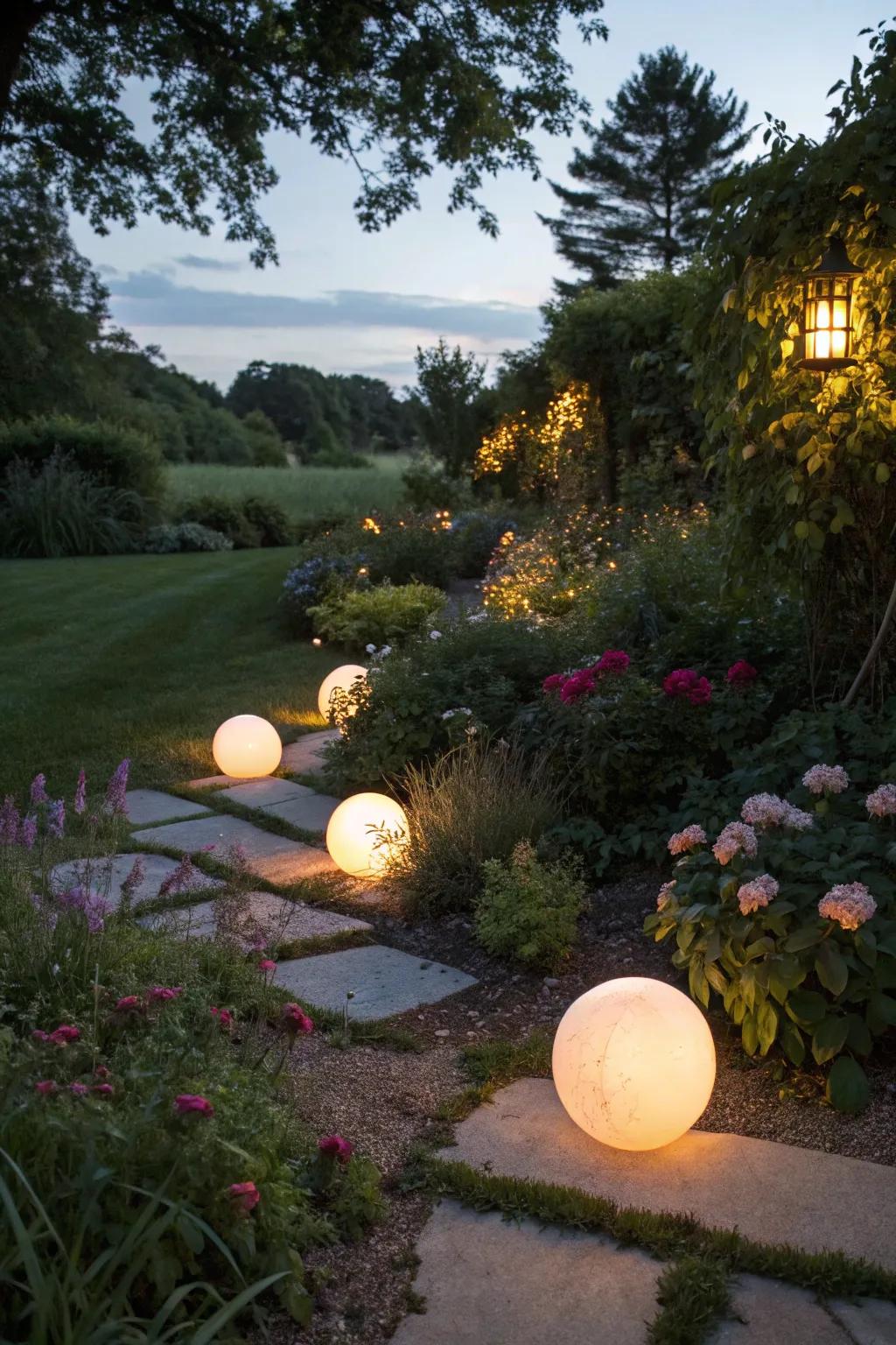 Inject a modern vibe using glowing spheres in your garden.