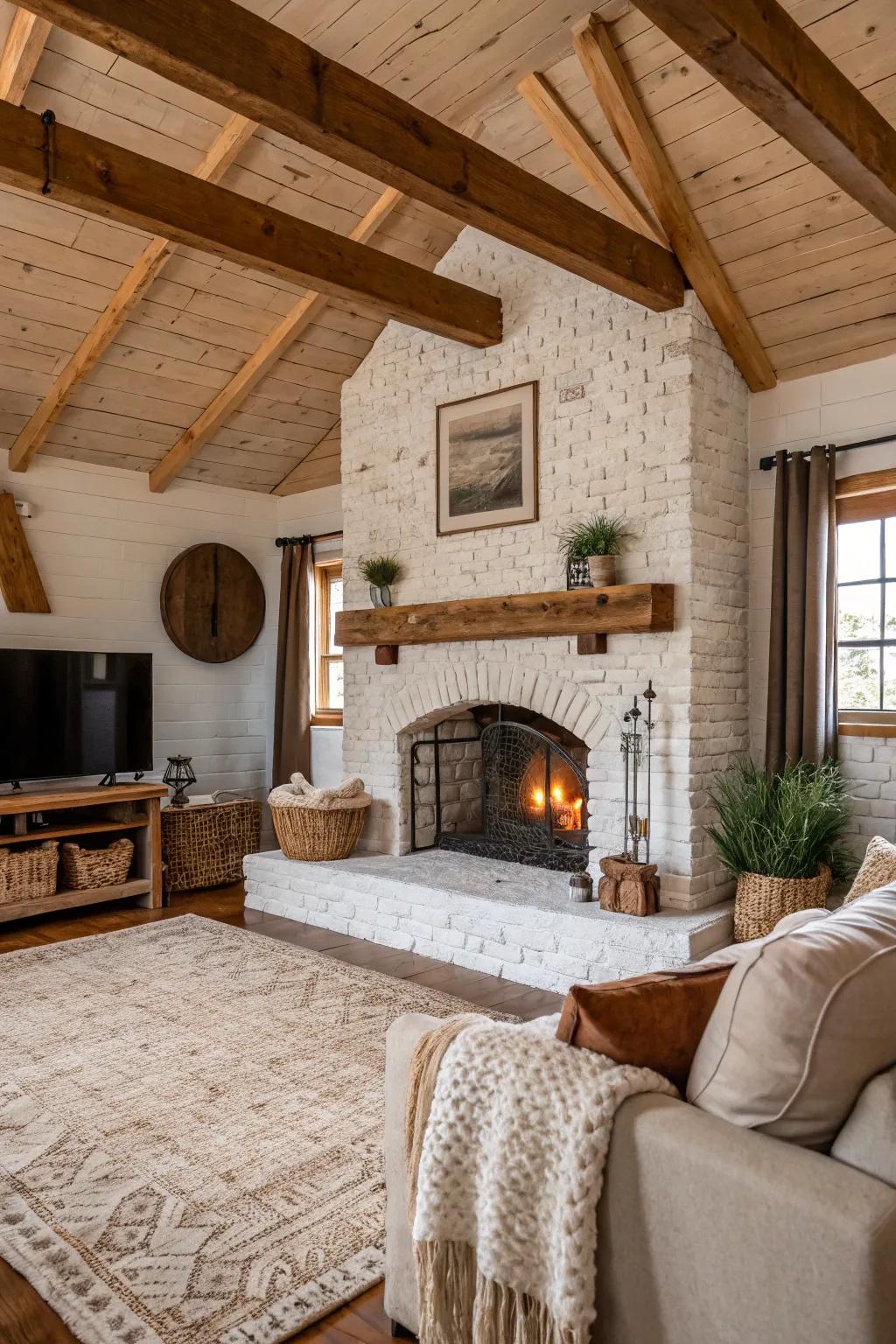A whitewashed brick fireplace, oozing rustic appeal.