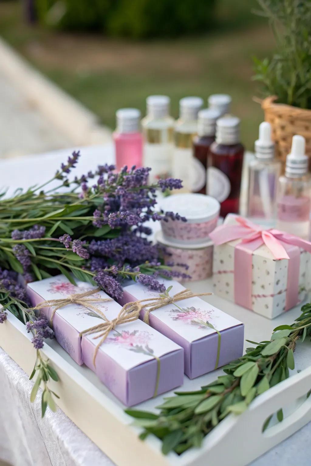 Party favor table adorned with fresh lavender and greenery.