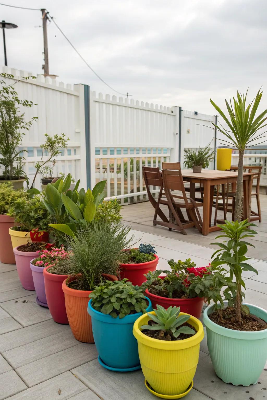 A range of potted plants enhances the lush feel of a patio.
