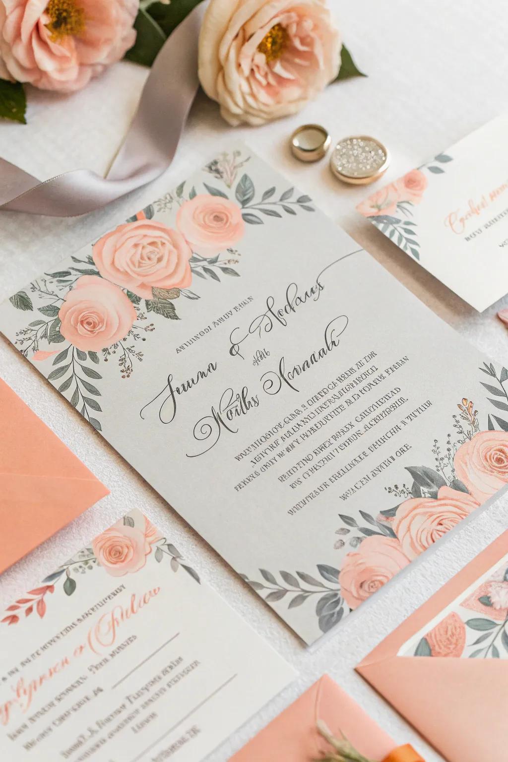 Elegant peach and gray invites to set the ideal tone.