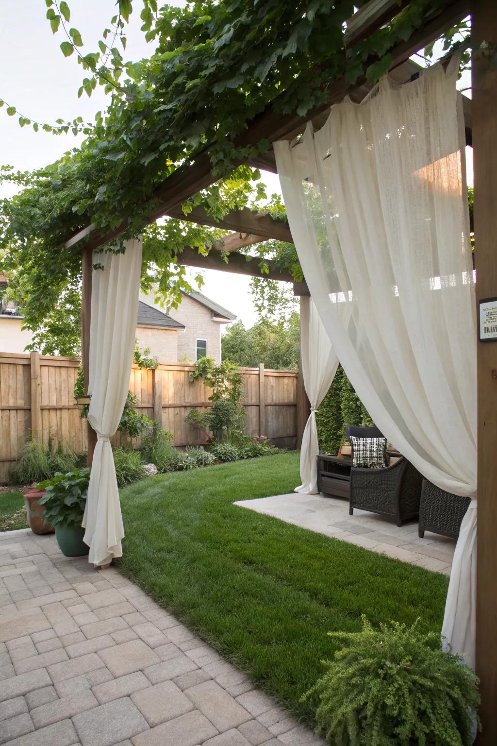 These backyard pergola curtains give seclusion and style.