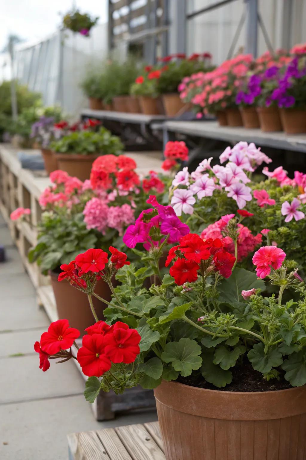 Scarlet blooms and petunias orchestrate a vibrant partnership in any container garden.
