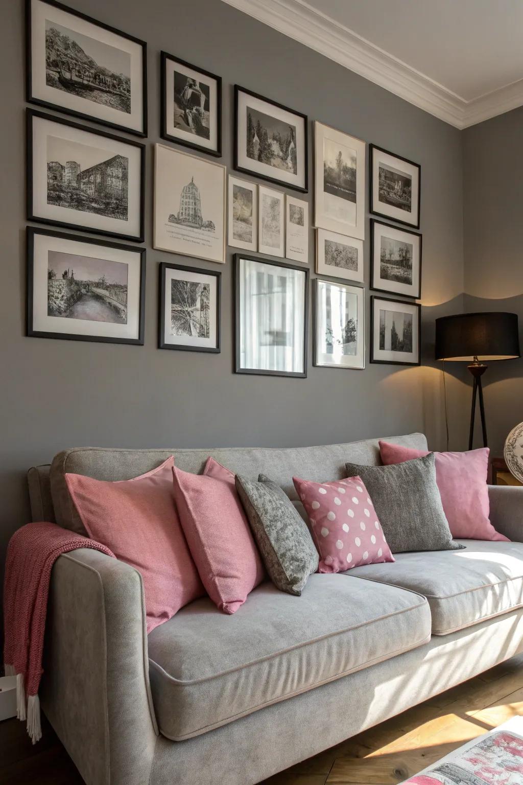 Striking black and white artwork set against grey walls for an up to date twist.