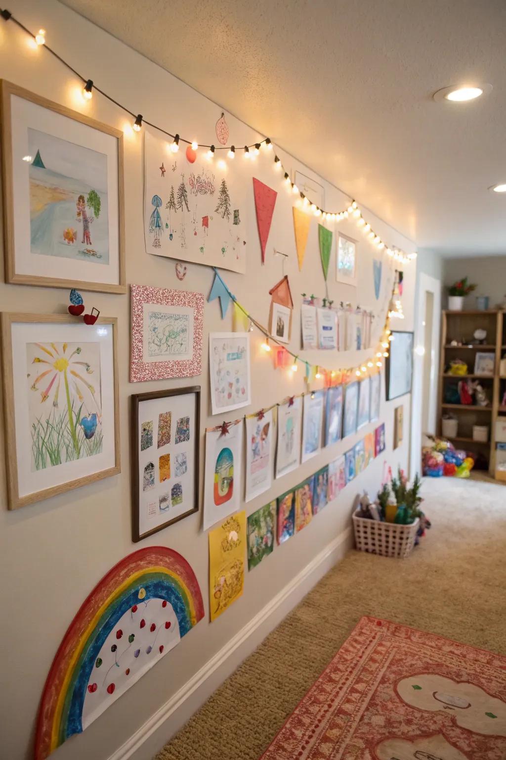 Children’s artwork beautifully exhibited on a playroom wall adds a personal touch.