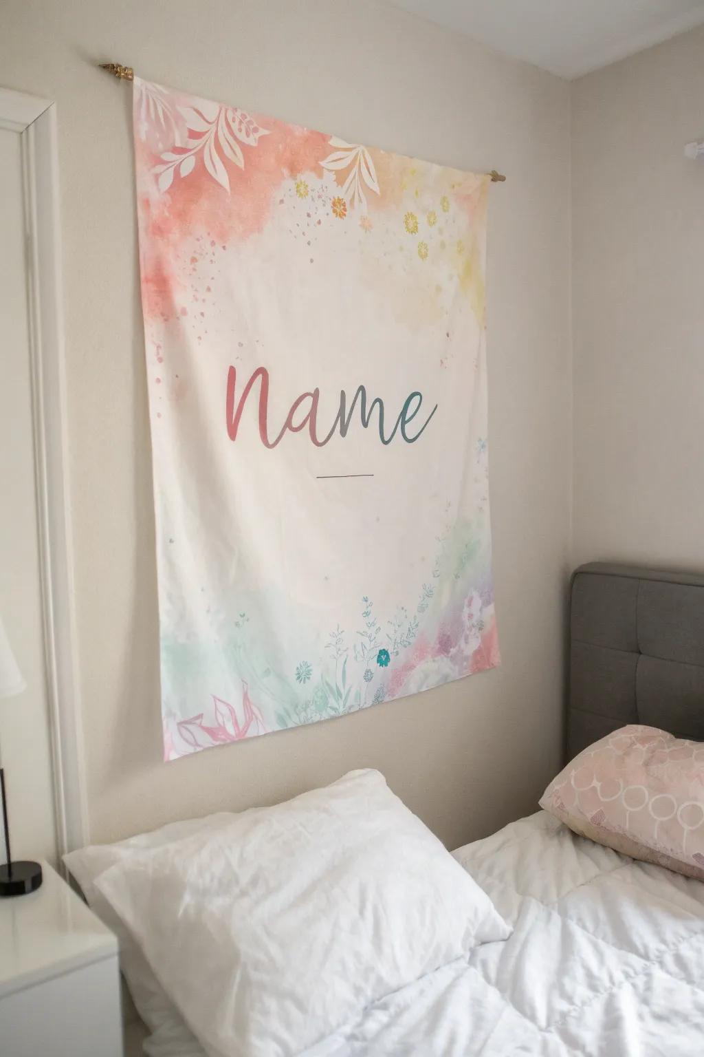 A dreamy watercolor name sign introduces tranquility to a slumber chamber.