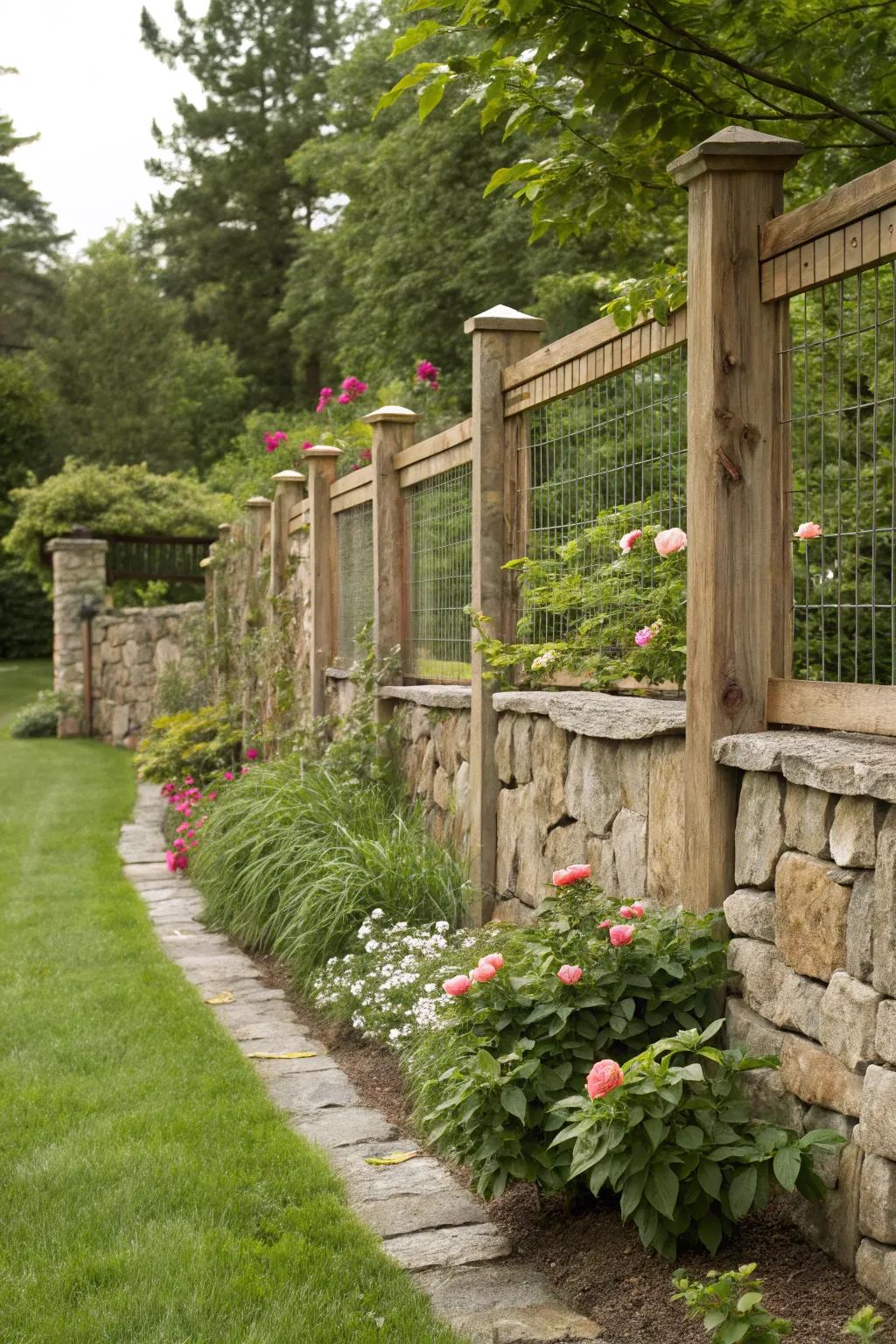 Stone and wood together create a robust and charming fence.