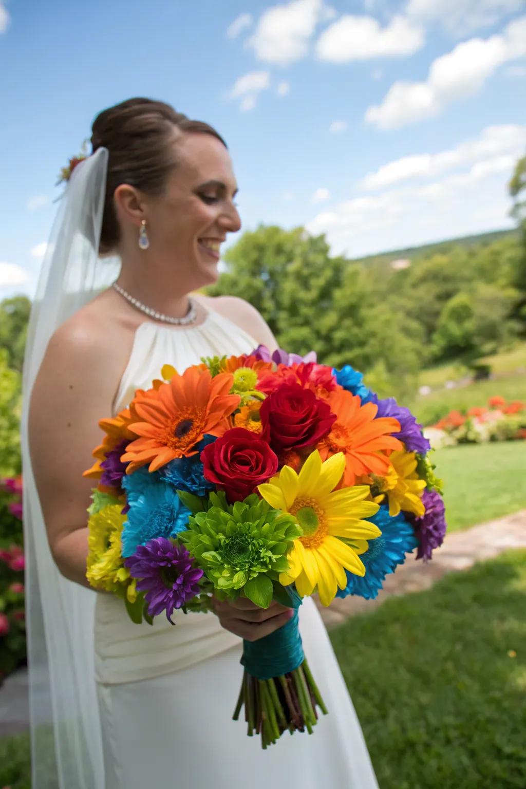 A bride showcasing a stunning bouquet in rainbow colors.