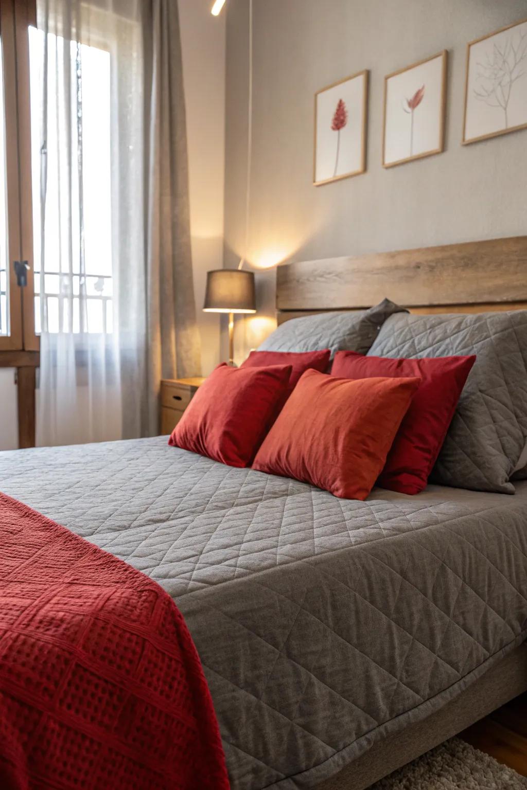 A serene bedroom featuring silver and scarlet accents.