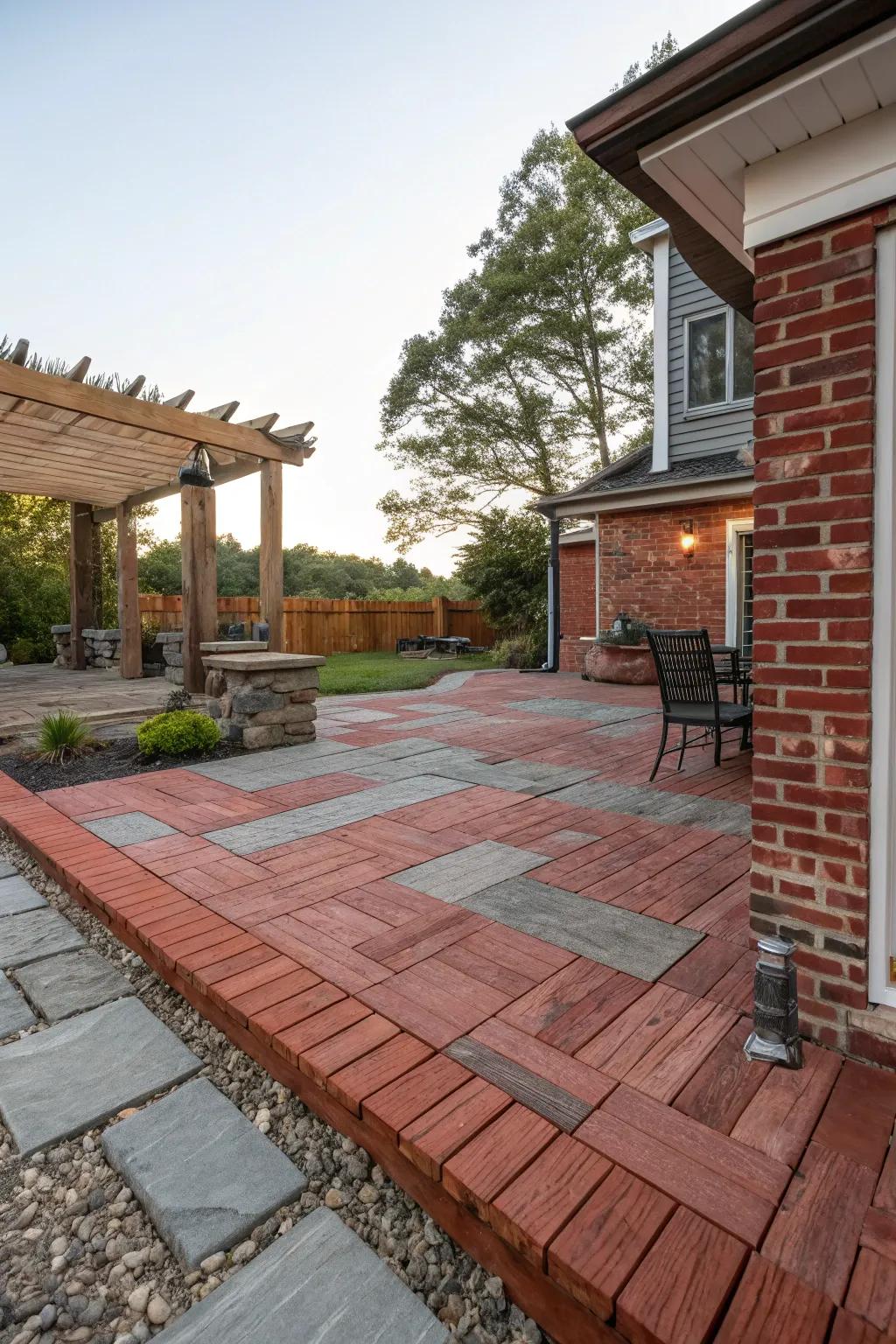 A red brick patio accentuated with diverse materials