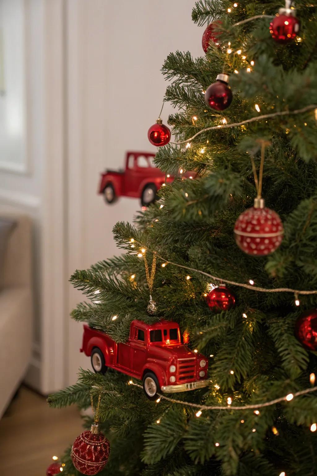 Playful scarlet pickup decorations adding charm to the holiday tree.