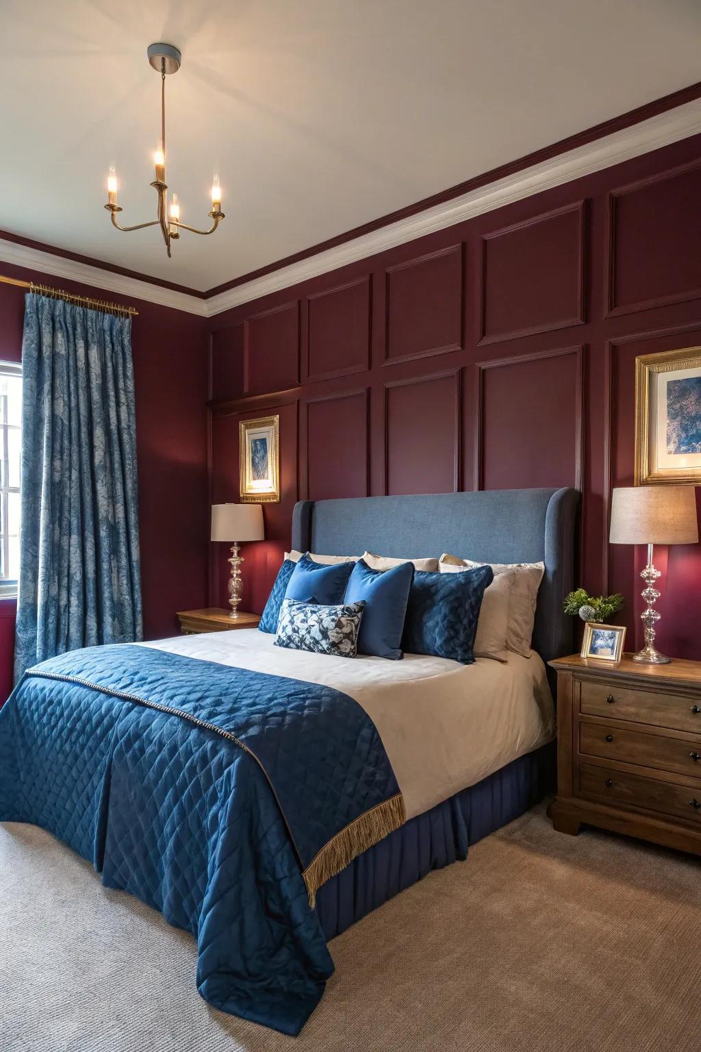 Deep colors like burgundy and royal blue set a regal tone in this bedroom.