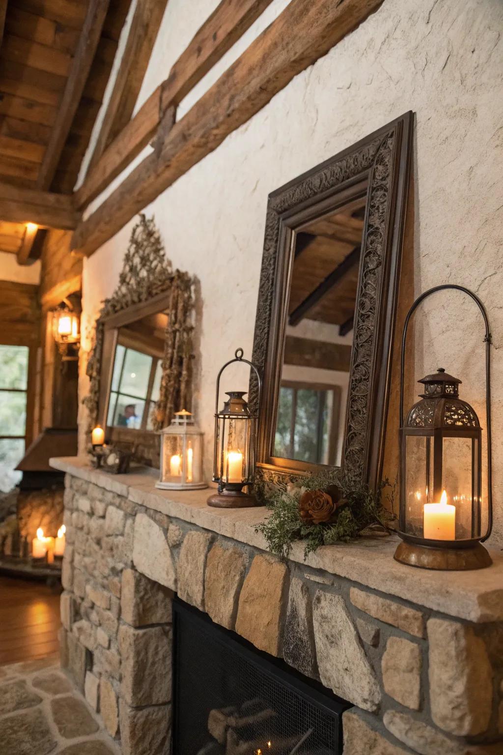 Vintage accents add charm and character to this rustic fireplace.