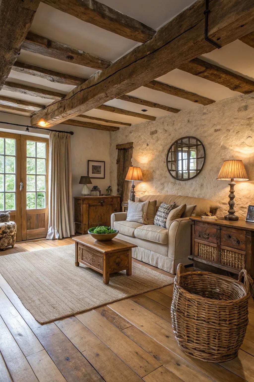 Natural hardwood floors offer a warm and elegant foundation for countryside areas.