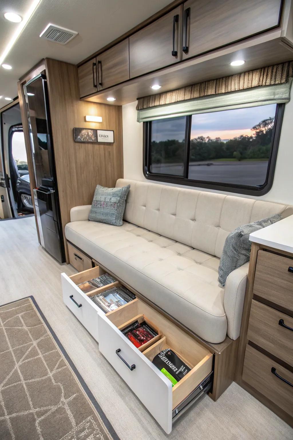 Storage-integrated couches help keep an orderly RV space.