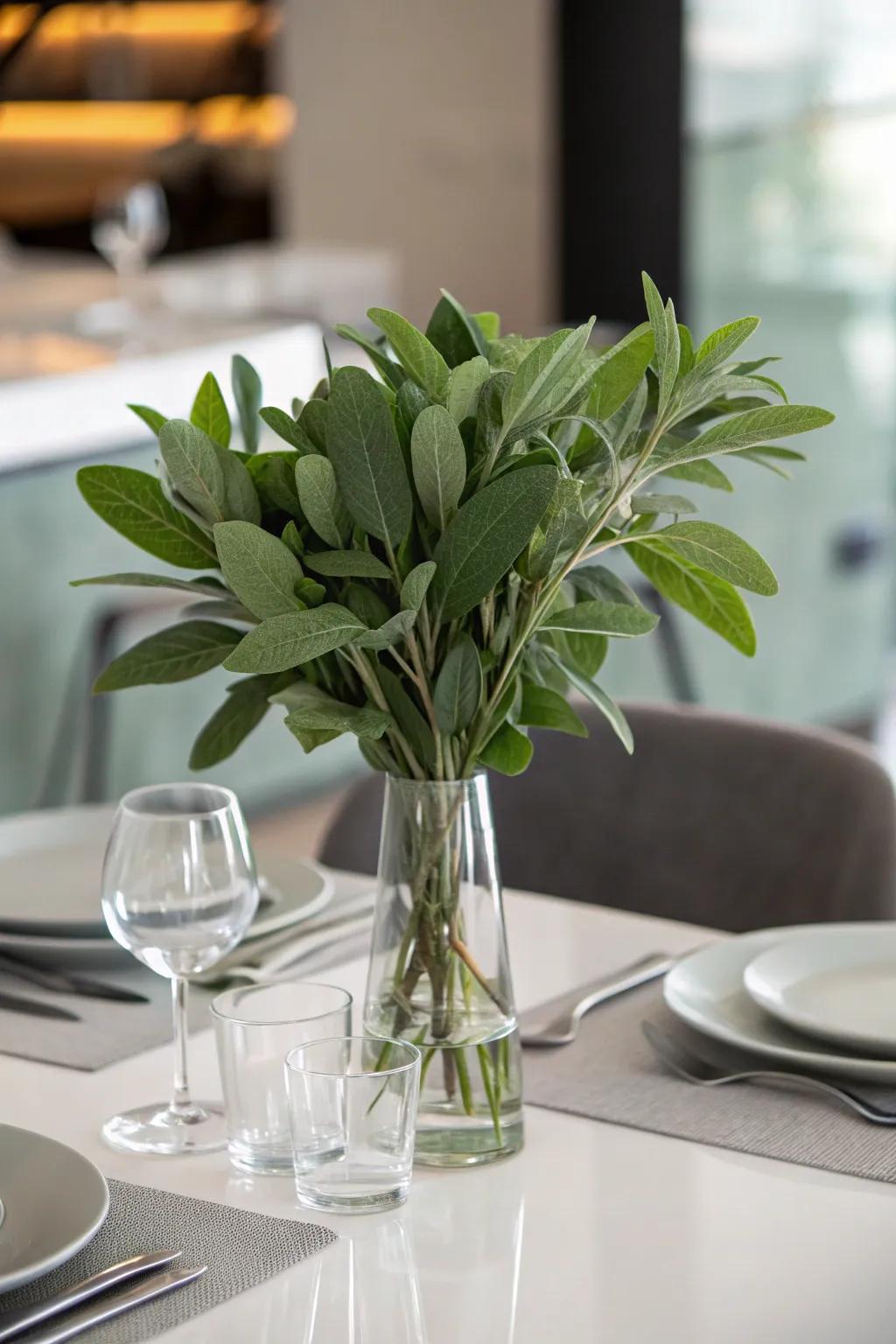 Understated elegance defined by glass and sage green foliage.