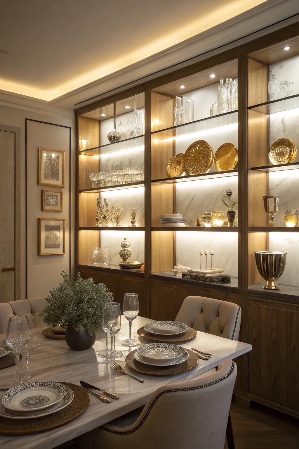 Integrated illumination enhances the display on dining room shelves.