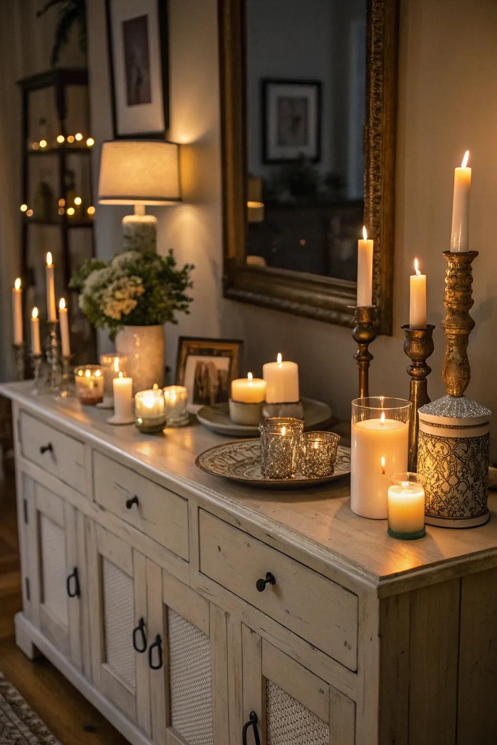 Candles of varying heights create a warm and inviting glow on this sideboard.