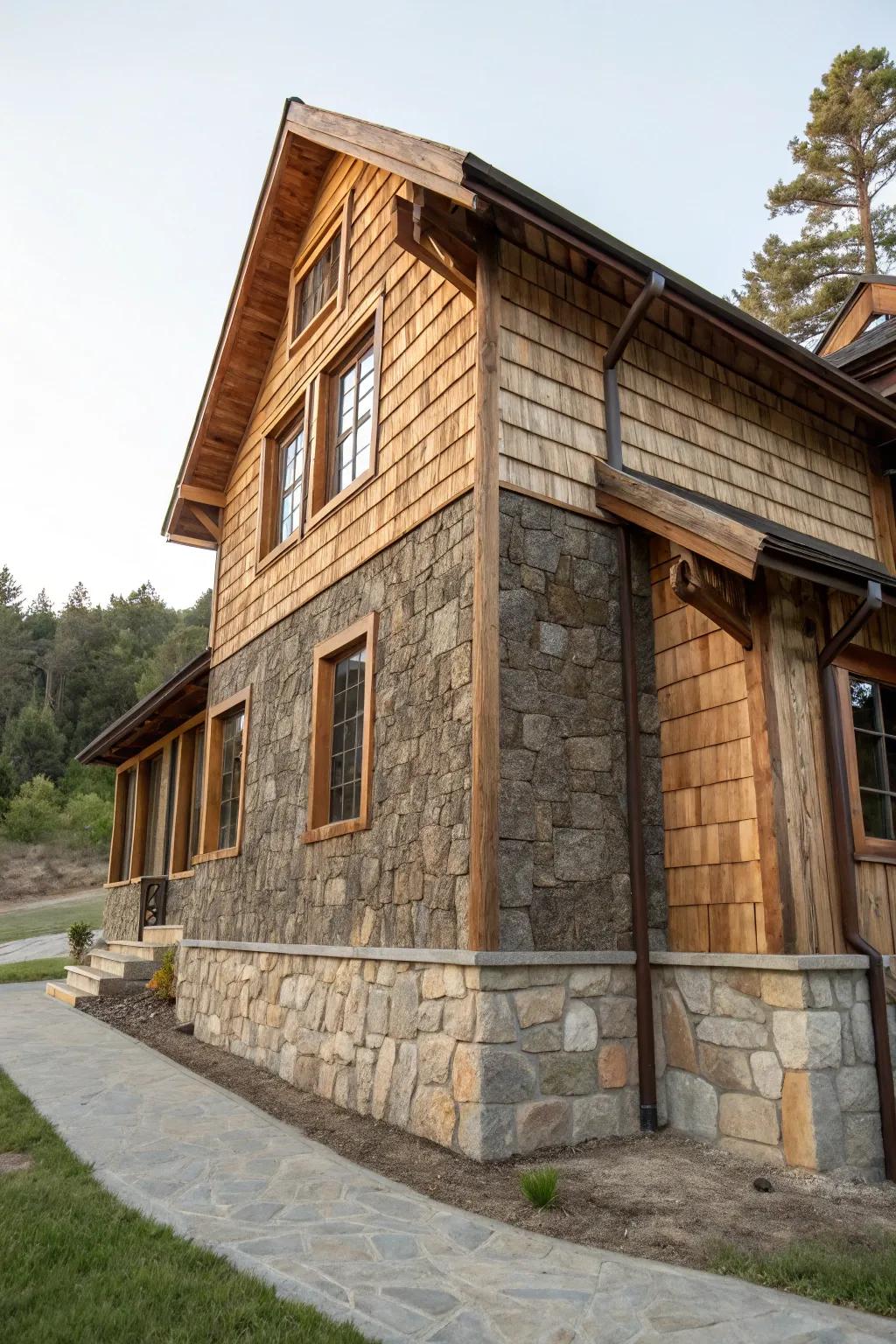 Mixing lumber and stone cladding for a captivating facade.