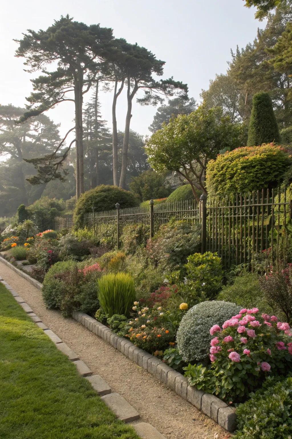 Layered plantings bring depth and dimension to simple fence lines.