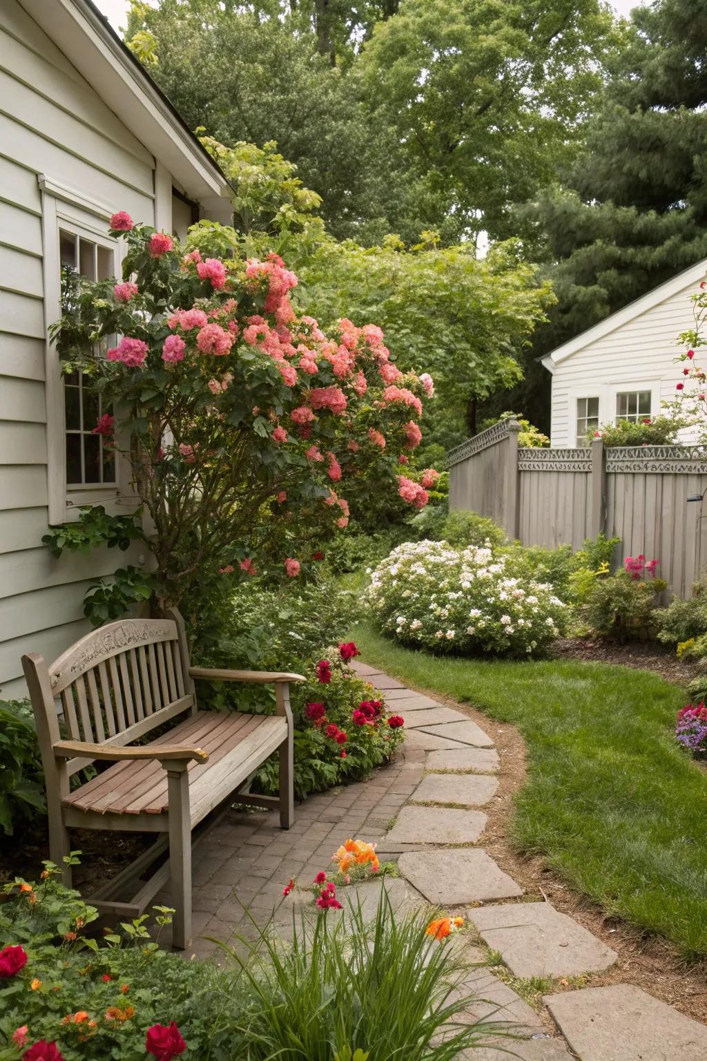 A quiet seating nook turns the side yard into a personal retreat.