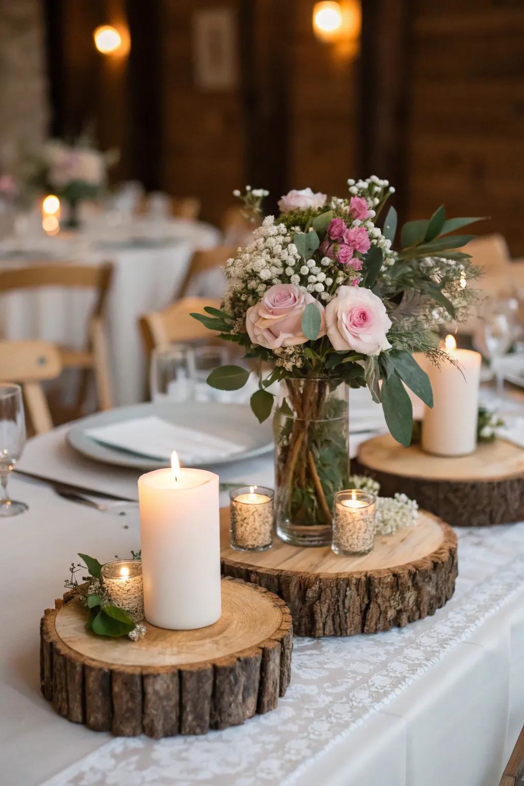 Wooden slices bring rustic charm to the wedding decor.